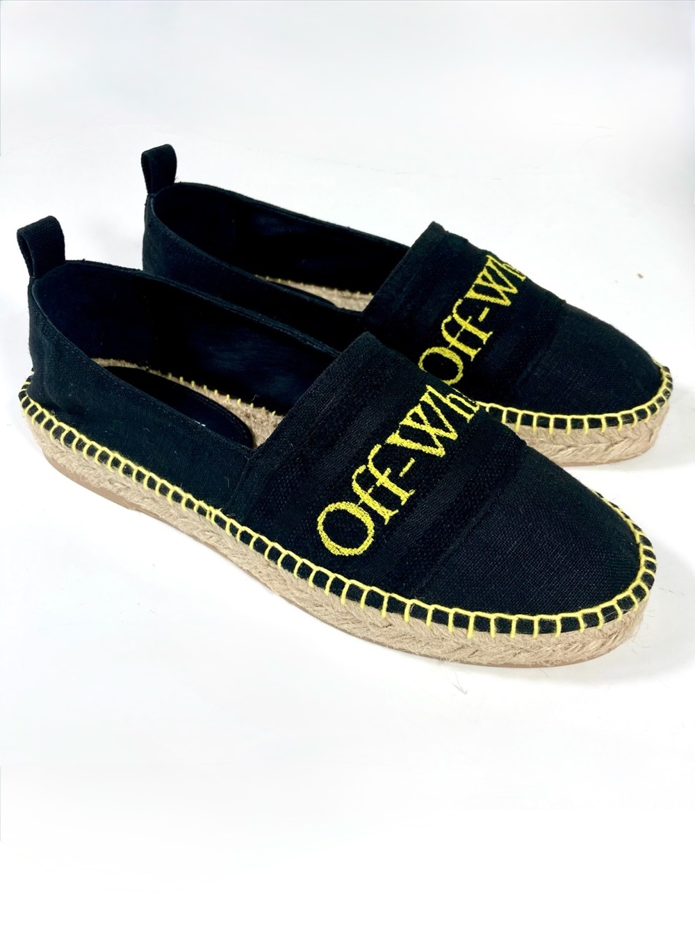 Off-White Bookish Logo Espadrille Black Size 38 NEW Flat Cotton Linen Summer